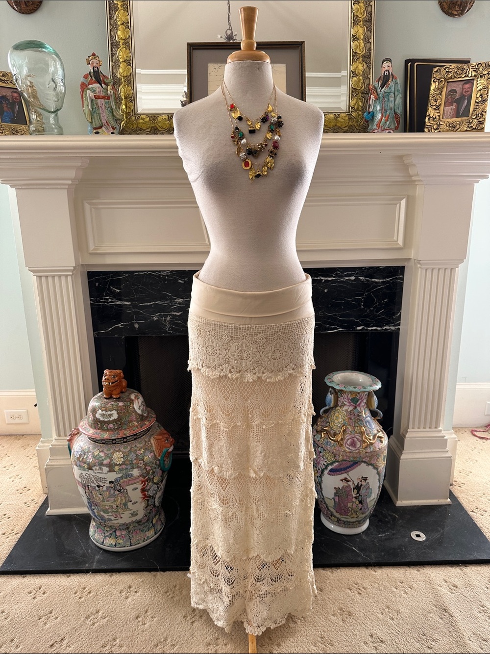 “Solitaire” cream crocheted lace lined maxi skirt
